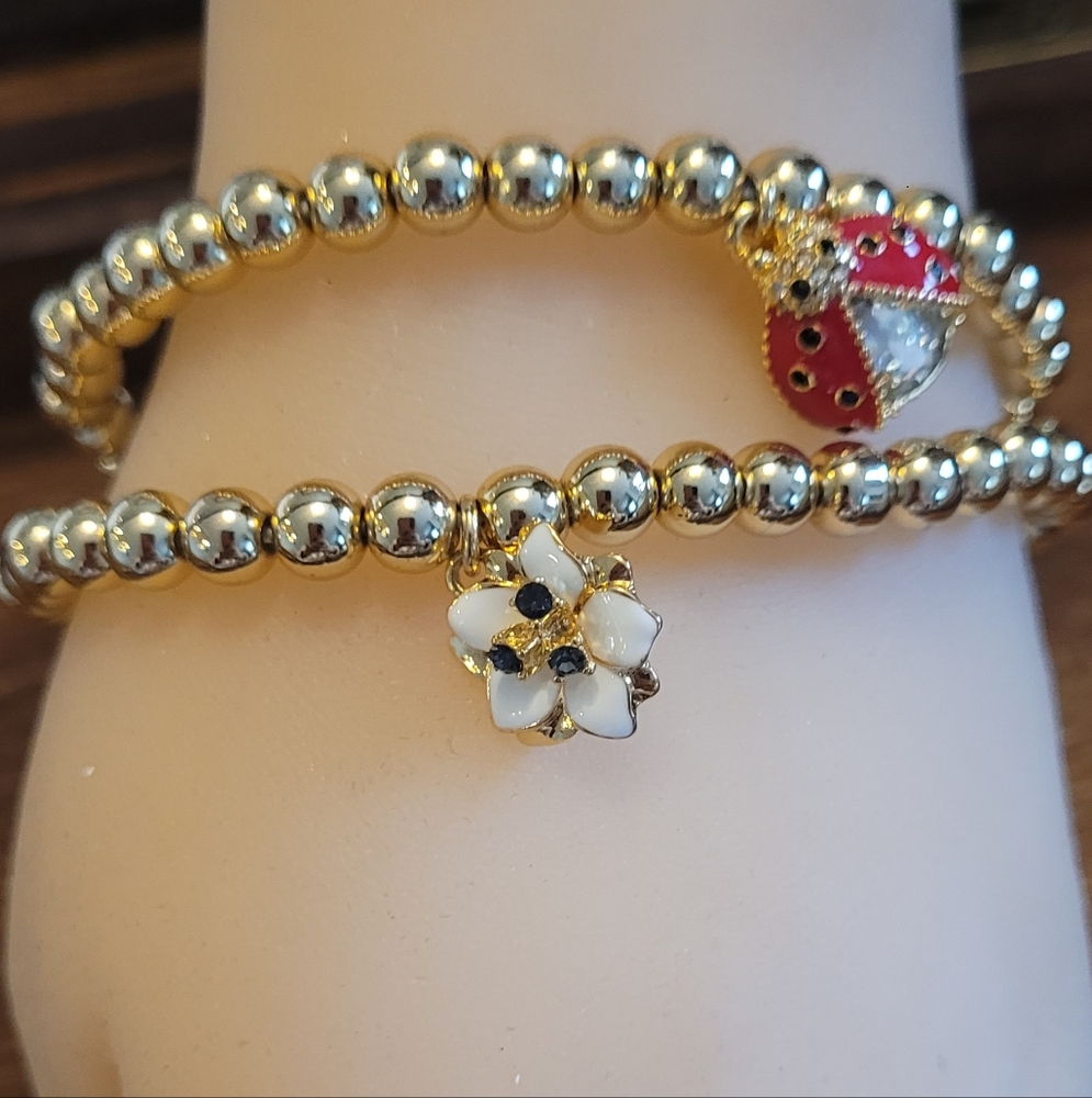 Gold Talbots Beaded Bracelet Set with Ladybug and Flower Charms